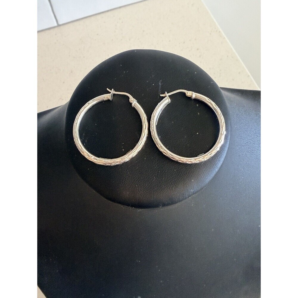 Hoop Earrings Diamond Cut 925 Sterling Silver 1" 3/4 inch Round 2 mm
